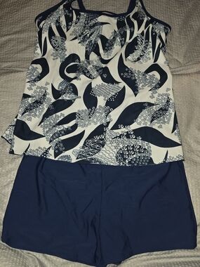 Navy & White Printed Tankini Two-Piece Swim Set